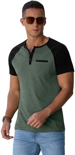 Sailwind Henley Shirts for Men Short Sleeve Casual Summer Collarless Tee Basic T-Shirts Shirts Fashion Button Top with Pocket Green Black |