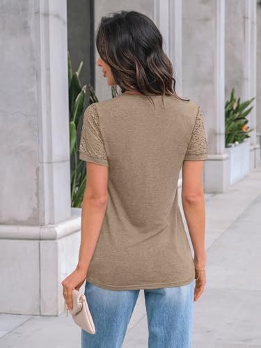 AUTOMET Short Sleeve Shirts for Women Summer Tops 2026 Spring Fashion Dressy Casual Outfits Lace Trendy Top Cute Work T Shirt Business Vacation Clothes Blouses Khaki XL at Amazon Women’s Clothing store