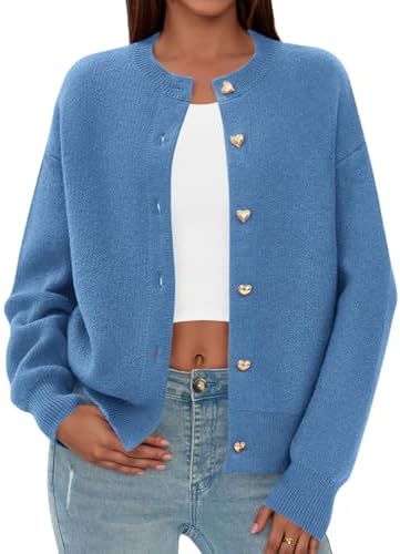 PRETTYGARDEN Cardigan for Women 2026 Fall Fashion Long Sleeve Trendy Button Down Work Office Sweaters Cute Winter Jacket (Grey Blue,Small) at Amazon Women’s Clothing store