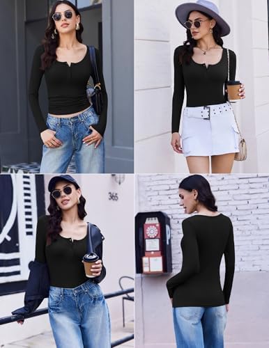 Ekouaer Long Sleeve Shirts for Women 3 Packs Henley Fall Button Tops Slim Fit Casual Thermal Underscrub Black/Light Gray/White (3pcs) L : Clothing, Shoes & Jewelry