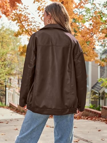 AUTOMET Women's Oversized Faux Leather Jacket - Fall Motorcycle Style Coat with Zipper Closure Brown M at Amazon Women's Coats Shop