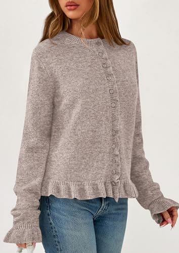 PRETTYGARDEN Womens Fall Button Down Cardigans Chunky Knit Ruffle Open Front Cropped Cardigan Sweaters Soft Long Sleeve Tops (Oatmeal,Medium) at Amazon Women’s Clothing store