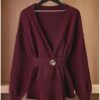 GORGLITTER Women's Wrap Cardigan Deep V Neck Long Sleeve Dressy Sweater Business Casual Outfits Burgundy Large at Amazon Women’s Clothing store