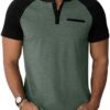 Sailwind Henley Shirts for Men Short Sleeve Casual Summer Collarless Tee Basic T-Shirts Shirts Fashion Button Top with Pocket Green Black |