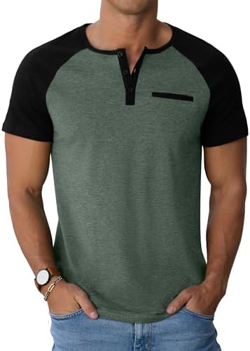 Sailwind Henley Shirts for Men Short Sleeve Casual Summer Collarless Tee Basic T-Shirts Shirts Fashion Button Top with Pocket Green Black |