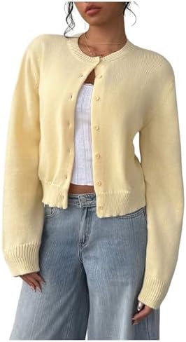 SOLY HUX Women's Button Down Cropped Lightweight Cardigan Sweater Cute Fall Fashion 2025 Mustard Yellow X-Small at Amazon Women’s Clothing store