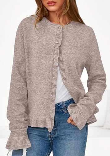 PRETTYGARDEN Womens Fall Button Down Cardigans Chunky Knit Ruffle Open Front Cropped Cardigan Sweaters Soft Long Sleeve Tops (Oatmeal,Medium) at Amazon Women’s Clothing store