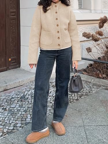 Cicy Bell Womens Chunky Knit Cardigan Sweaters Button Down Mock Neck Open Front Jacket Winter Casual Outerwear with Pockets Beige at Amazon Women’s Clothing store