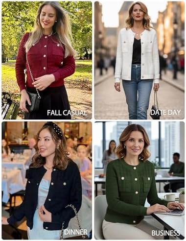 Womens 2024 Long Sleeve Crew Neck Cardigan Button Down Knitted Shirt Outerwear with Pockets White at Amazon Women’s Clothing store